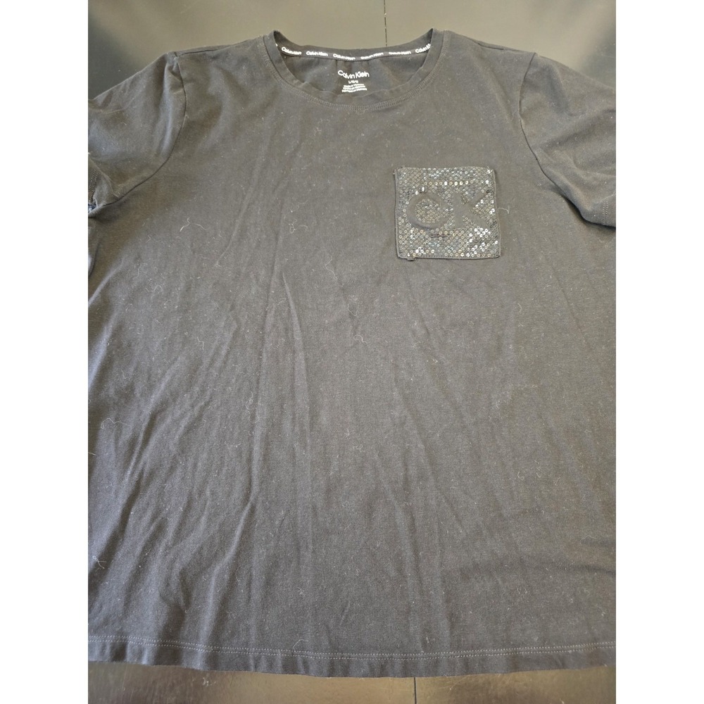 Calvin Klein Women's Black Sequin CK Logo Pocket T-Shirt Size L